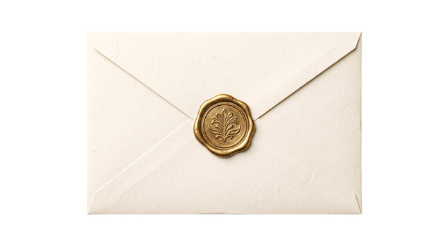 Sealed envelope with golden wax seal on isolated background