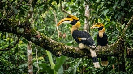 Fototapeta premium Great Hornbill Buceros Bicornis Pair Perched on Mossy Tree Branch in Tropical Rainforest Canopy