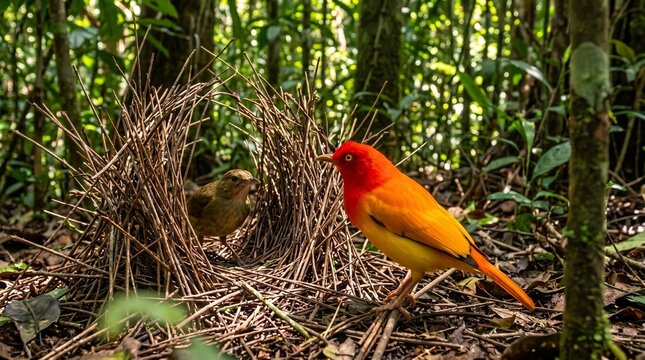 Flame Bowerbird Sericulus Ardens Male Displaying at Woven Bower to Female in Rainforest