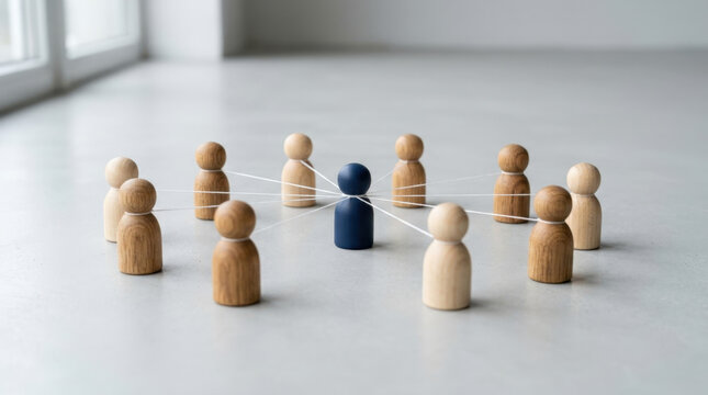Single blue pawn standing in center linked to surrounding wooden figures symbolizes central communication and network management.