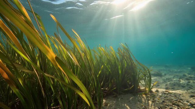 Underwater seagrass meadow featuring eelgrass, illuminated by beautiful sunlight rays in Atlantic Ocean waters, 4K video