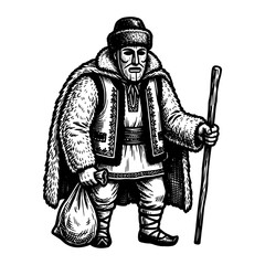 Obraz premium Traditional folk character in winter fur clothing holding a staff and