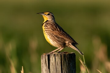 Fototapeta premium Meadowlark on a rustic post with a soft green background and natural light