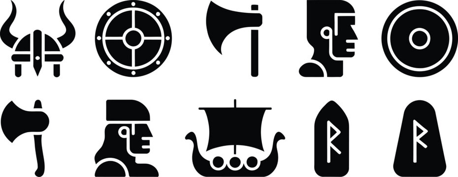 Viking culture set featuring helmets, shields, axes, ships, and runestones in black silhouette style