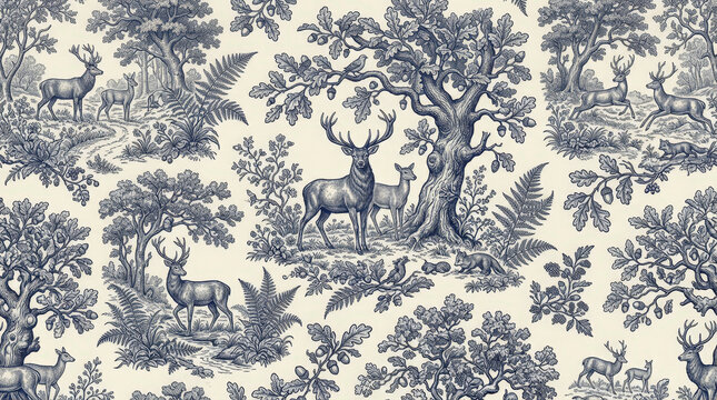 Toile de jouy pattern featuring noble deer in vintage forest scenes with oak trees and acorns for classical textile wallpaper.