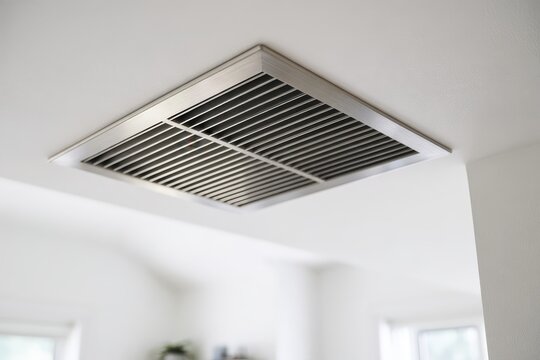 Metal ceiling air vent in a bright white interior with clean modern lines