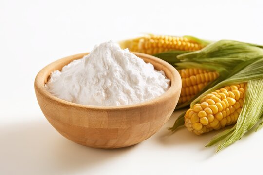 Minimal kitchen scene featuring cornstarch in a wooden bowl and fresh corn
