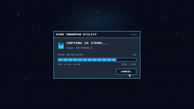 A digital interface displays a Disk Transfer Utility copying 16 items. A blue progress bar fills steadily against a starry background until the transfer completes successfully.