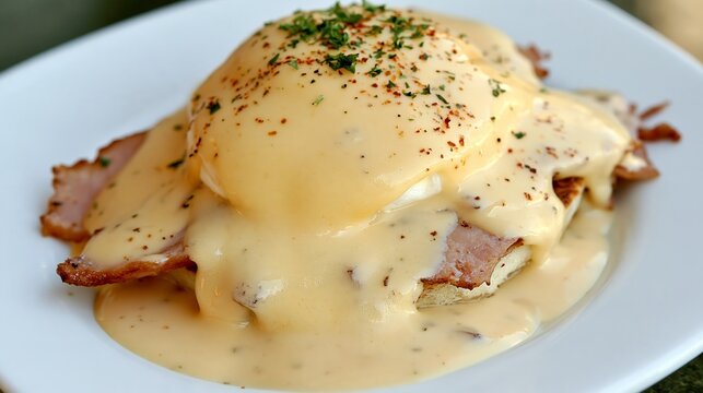 Delicious egg Benedict served on white surface