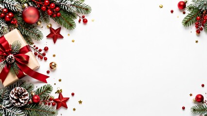 Obraz premium Christmas Decoration With Gift, Ornaments, and Pine Branches on White Background