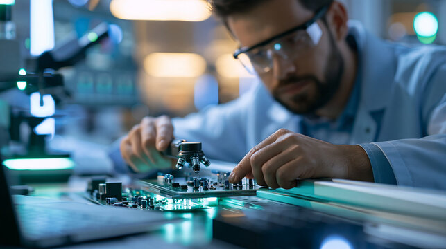 Faceless male electronics engineer wearing protective glasses and a lab coat, working with circuit board assembly on an automation line in a high-tech manufacturing facility, with