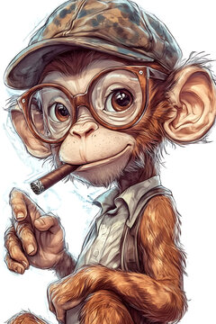 Smiling monkey chimpanzee, gorila, giving a thumbs up with an expressive friendly face; digital illustration for a T-shirt print and decorative use on tote bags, fabric accessories, cushion covers and