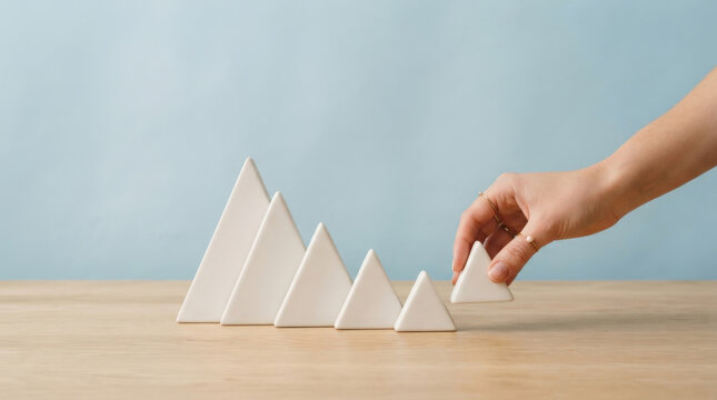 White triangle ceramic shapes arranged in decreasing height on wood surface illustrating mathematical progression design concept.