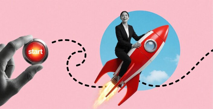 Smiling businesswoman rides red rocket into blue sky. Hand presses start button to launch successful startup project. Creative art collage concept for business growth, leadership, career progress,
