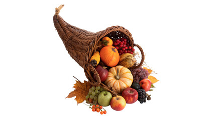 Traditional autumn harvest cornucopia horn of plenty filled with festive pumpkins isolated on transparent background © Thompson-DS