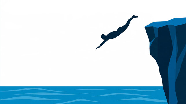 Minimalist vector illustration of a faceless man cliff diving into ocean water, isolated on a white background, with copy space