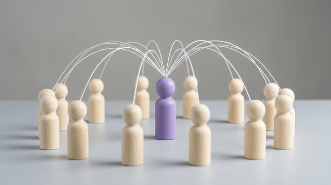 Wooden human silhouettes standing in circle connected by strings to purple center figure for social network hub architecture.