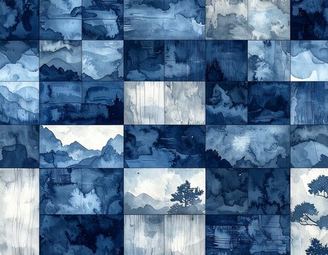 Seamless pattern of interlocking sankuzushi plank grid with soft watercolor wash