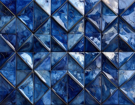 Seamless pattern of interlocking wari-bishi split diamond grid in indigo-dyed stoneware