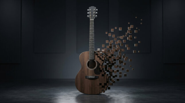 Acoustic guitar made of dark wood dissolving into floating geometric pixel cubes representing digital music creative destruction.