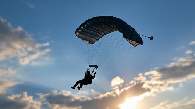 Black silhouette of a faceless skydiver descending with an open parachute, dramatic sky concept, with copy space