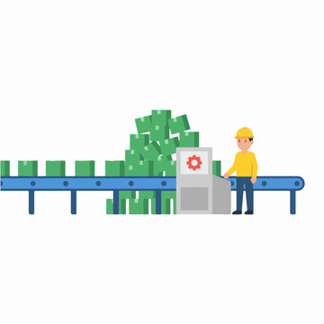 Manufacturing production bottleneck concept. Factory assembly line with blocked boxes. Flat design vector illustration