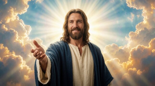 Jesus Christ smiles, reaches hand toward viewer. Divine savior stands among glowing sunbeams, white clouds in heaven. Holy man offers grace, salvation under bright sky. Spiritual messiah provides