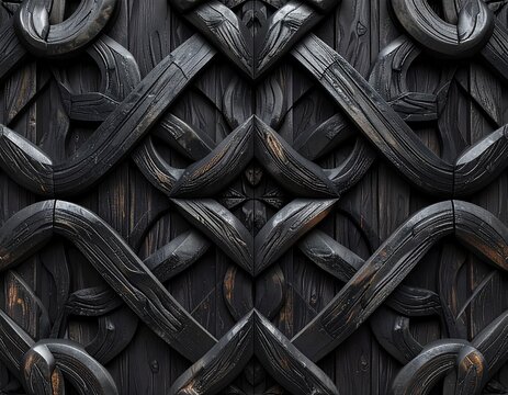 Seamless pattern of interlocking bundo-tsunagi weight link grid in black ebonized oak, rustic texture