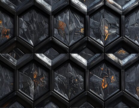 Seamless pattern of interlocking bishamon octagon grid in black buffalo horn, polished texture