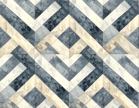 Seamless pattern of interlocking yamamichi zigzag band grid, soft watercolor wash in indigo