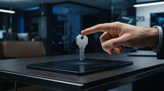 Businessman hand touching 3d metallic key icon floating above digital tablet representing cybersecurity data access password.