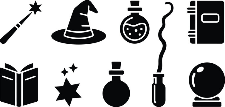 Eight black silhouette of magic and wizardry isolated on a white background wand