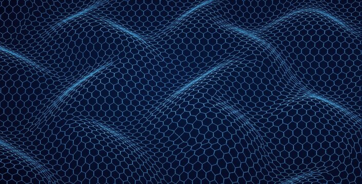 Blue glowing hexagon mesh pattern on dark background. Abstract digital wave texture with 3D honeycomb effect. Seamless geometric grid surface for tech, sci-fi, sports design. Futuristic cyber