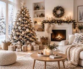Fototapeta premium Holiday Decorations in a Cozy Living Room With a Christmas Tree and Warm Fireplace