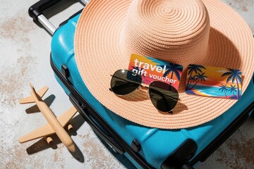Fototapeta na wymiar Travel gift voucher on straw hat atop blue suitcase. Sunglasses, wooden plane toy nearby. Summer vacation concept with trip accessories on grunge background. Ready for sea holiday journey exotic