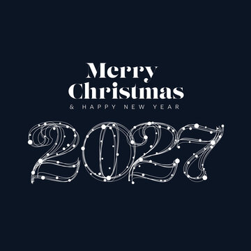 Celebrate with this Merry Christmas and Happy New Year 2027 greeting. This elegant 2027 card features stylish typography and white sparkling details on a dark background.