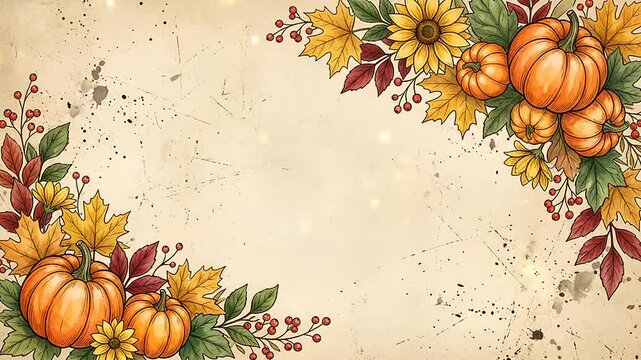 Autumn harvest background with pumpkins and leaves animation