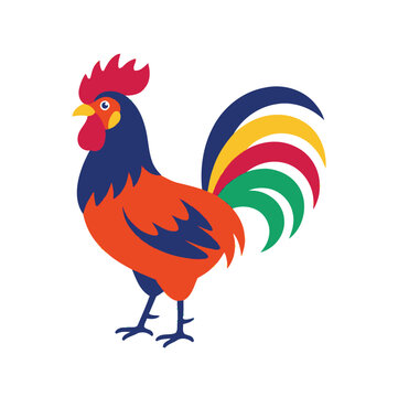 Modern Flat Vector Icon of a Proud Rooster with Colorful Tail Feathers Isolated on White Background, Representing Morning, Farm Life, and Vitality