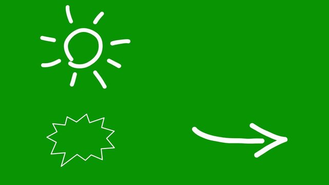Minimalist white scribble graphics on green screen chromkey backdrop, showcasing shining sun, dead face emoji, jagged starburst speech bubble, and sweeping curved arrow design.