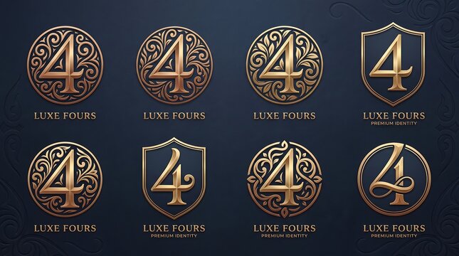 Eight golden number four logos with ornate luxury circular and shield