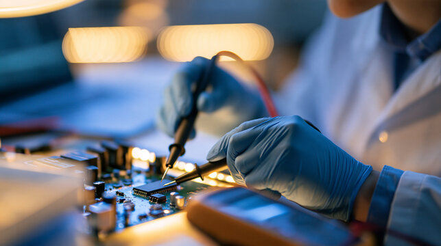 Faceless man in a lab coat testing an electronic circuit board with a multimeter, quality control concept, with copy space