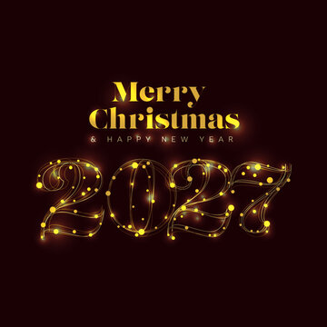 Celebrate with this 2027 Happy New Year and Merry Christmas greeting. The 2027 text features golden glowing sparkles and elegant gold lines on a dark, festive holiday background.