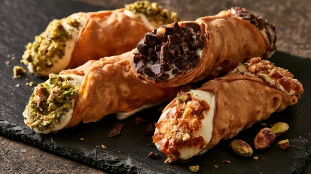 Traditional Italian stuffed pastry dessert with creamy filling and nuts chocolate topping close-up on dark textured background