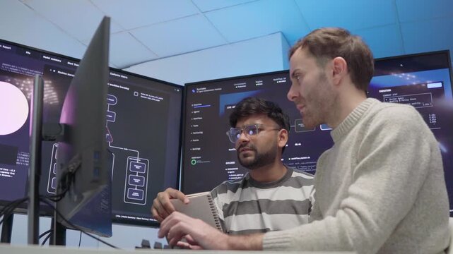 Team engineers software development are brainstorming using computer writing code. Programmer teamwork meetings using technology artificial intelligence work system about cyber security and coding