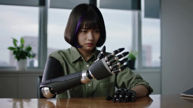 Young Asian woman testing black robotic prosthetic arm in office, medium shot, copy space