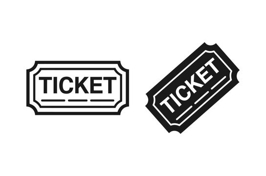Ticket Icon Design: A simple and elegant black and white graphic illustration featuring two ticket icons, one horizontal and one tilted, ready for event entry or raffle drawing.