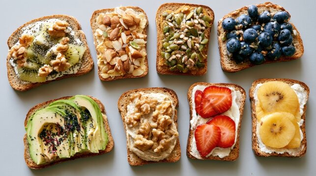 Assortment of seven open faced whole grain bread sandwiches topped with fresh fruits nuts seeds and spreads for healthy breakfast