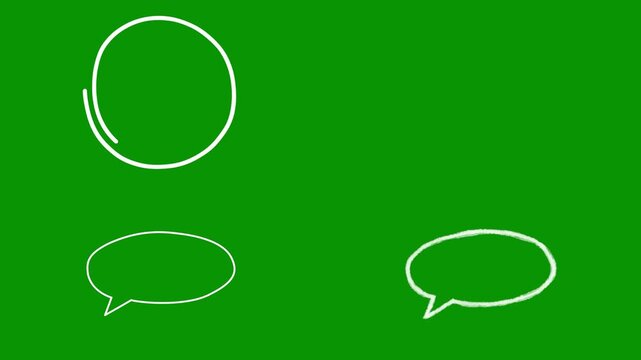 Hand-drawn white doodle animations placed over green screen. This asset showcases tight continuous spiral circle, filled solid text bubble, an oval speech bubble, and wider bubble.