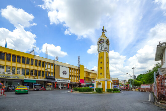 Nonthaburi, Thailand - June  16, 2026 : The central clock tower, a symbol of Nonthaburi province, is located in front of the passenger pier on the Chao Phraya River and the old provincial hall.