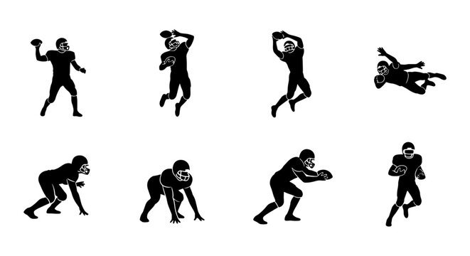 American football player silhouettes set with quarterback throwing, receiver catching, and linemen in action for sports graphics